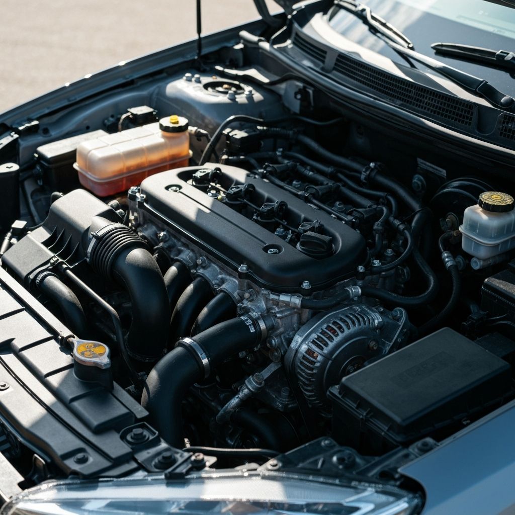 Car engine bay being professionally serviced